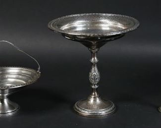       306	3 Pieces Weighted Sterling	"1 Fisher Silversmiths tazza, 1 candy dish and 1 Lunt candlestick. Each marked on the underside. 
Fisher Tazza: 6 1/4"" H.
"