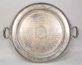        307	Gorham Sterling Presentation Tray	"Gorham sterling presentation tray. American, 1919. Marked with Gorham marks and EPJ on back. 

Total weight in grams: 1251
16"" L"