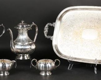        315	Birks Primrose Plate Teaset and Tray	"Birks Primrose silverplate tea set. 1 coffee pot, 1 tea pot, creamer and sugar. Marked on the underside ""Primrose Plate 357"". Silverplate tray, marked illegibly on underside.
Coffee Pot: 9 1/2"" H. 
Tray: 24 1/2"" L x 14"" W."