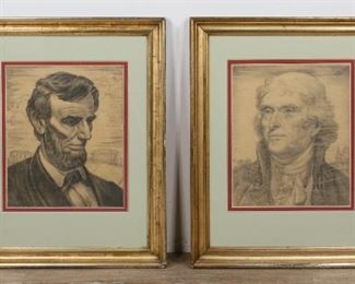        327	2 United States Presidents Graphite on Paper	"Abraham Lincoln and Thomas Jefferson graphite on fine toothed paper drawings. 1 drawing: 18 1/4"" x 14 3/4"" (with frame: 32"" x 26""). Unsigned. Toning to paper. In gilt wood frames. Chips to corner of frames.
"