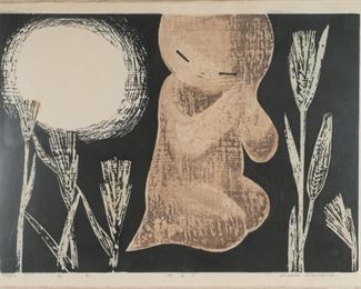        329	Karou Kawano Woodblock Print "May"	Karou Kawano (Japanese, 1916-1965)  woodblock print "May". Edition 25 out of 50 lower left. Signed in pencil and stamped lower right. Sight: 18" x 23". Frame: 24" x 29 1/2".