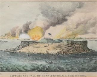        331	Currier & Ives Hand Colored Lithograph	"Currier & Ives Civil War hand colored small folio lithograph, Capture and Fall of Charleston. S.C. Feb. 18th, 1865. Currier & Ives lower left. 152 Nassau St. NY lower right. Liberty Design Consultants label on verso. 8 1/2"" x 12 1/2"" (with frame: 12 3/4"" x 16 3/4""). Toning to paper. 
"