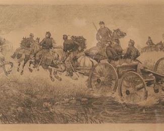        332	William Henry Shelton Etching Going into Action	William Henry Shelton (American, 1840-1932) etching. Cavalry and horse artillery troops at the Battle of Chancellorsville, Virginia, May 3, 1863. With remarque lower right, the head of a horse. Signed in plate with copyright date '87. Signed in pencil lower right. 13" x 24" (with frame: 22" x 33 3/4").