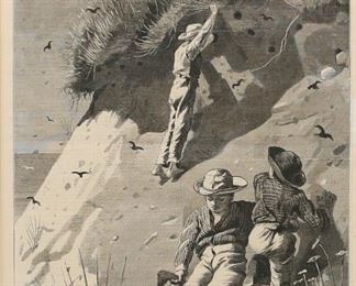        333	After Winslow Homer Harper's Weekly Engraving	"After Winslow Homer (American, 1836-1910) wood engraving on paper. Raid on a Sand-Swallow Colony-How Many Eggs? from Harper's Weekly, June 13,1874.
14 3/4"" x 9 3/4"" (with frame: 22 1/2"" x 17 1/2""). Waviness to paper upper center, toning to edges of paper. 
"