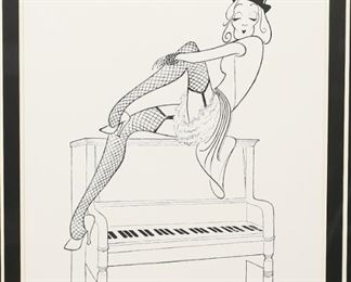        334	Al Hirschfeld Lithograph Marlene Dietrich	"Al Hirschfeld (American, 1903-2003) lithograph of Marlene Dietrich atop a piano. Signed lower right in pencil. Edition 300 out of 300 in pencil lower left. Certificate of Authenticity on verso. 23 1/4"" x 28"" (with frame: 44 1/2"" x 46"").
"