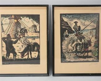        335	2 Juan Castells Marti Woodblock Prints	"2 Juan Castells Marti (b. 1906) woodblock prints with hand coloring, Don Quixote. Each signed in the plate lower left. Titled in pencil lower left. Signed in pencil lower right. 12 1/2"" x 9 1/4"" (with frame: 18"" x 14 1/4"").
Toning to the paper."