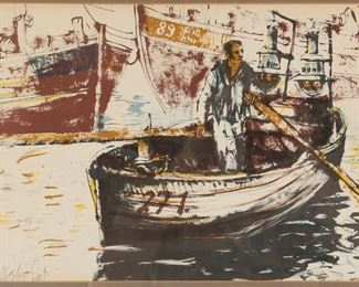        336	Moshe Gat Lithograph, Man in a Boat	Moshe Gat (Israeli, b. 1935) lithograph, man in a boat. Signed in pencil lower left. Intercontinental Art Gallery, East Hanover, NJ label on verso. 9 3/4" x 13 3/4" (with frame: 17" x 21").
