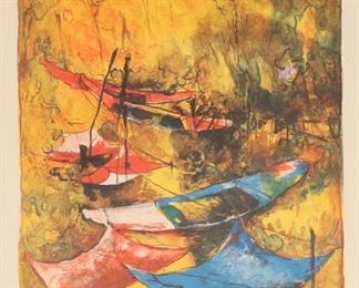        338	Lebadang Boats Lithograph	Hoi Lebadang (Vietnamese-French, 1921-2015) lithograph, boats. Edition 50 out of 120 in pencil lower left. Signed in pencil lower right. Sight: 18 3/4" x 12 1/2" (with frame: 25 1/4" x 19").