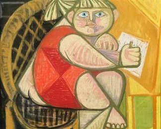        340	Cubist Pastel on Paper Girl at a Desk	"Cubist pastel on paper, girl at a desk. Unsigned.
20"" x 18"" (with frame: 30 3/4"" x 26 1/2""). Waviness to paper, smudging to pastel upper left. 
"