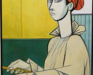        341	Humphrey Cubist Oil on Canvas Figure with Bandana	Cubist oil on canvas, figure with bandana. Signed Humphrey on verso, lower right. 21 1/2" x 17 1/2" (with frame: 32 3/4" x 28 1/2"). Chips to frame, upper left, lower left and lower center. Loss to paint to figures hand, lower left.