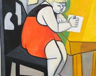        342	Humphrey Cubist Oil on Canvas Girl at a Desk	"Cubist oil on canvas, girl at a desk. Signed Humphrey on verso, lower right. 23 1/2"" x 19 1/4"" (with frame: 31"" x 26 1/2""). Crazing to paint, girl's leg, arm, hair and face.
"