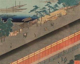        344	Ando Hiroshige Japanese Woodblock Print	Ando Hiroshige (Japanese, 1797-1858) wood block print, 100 views of Edo #69. Title in cartouche upper right. Artists seal lower right. 13" x 18 1/4" (with frame: 18 3/4" x 14 1/4").