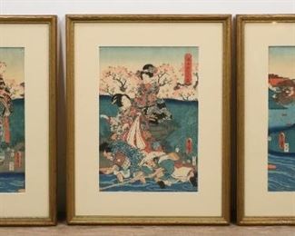        345	Utagawa Kunisada Triptych Woodblock Print	"Utagawa Kunisada, Tokoyuni III (Japanese,1786-1864) triptych Japanese woodblock print, Mitsuuji and Women enjoying a Winding Stream Party. Artists seal in cartouche center right. Published by Moriya Jihei, Edo Period. Censor seal, lower right. Title in cartouche, upper right.  Embossment to the print. 1 print: 14 1/4"" x 9 1/2"" (with frame: 20"" x 15 1/2""). Worm holing and tears to upper left and right of prints. Not examined out of frame. Wear to gilt on frame. 

"
