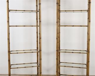        347	Pair of Faux Bamboo Metal Etageres	"Pair of faux bamboo metal etageres. 21st Century. Metal in a bamboo form and design, each etagere holding 5 glass shelves. Some slight wear to feet of each etagere. 

81"" H x 28"" L x 14"" D"