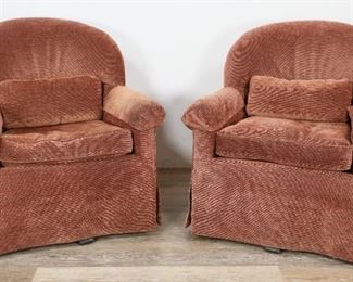        354	Pair of Mason-Art Custom Swivel Lounge Chairs	"Pair of Mason-Art custom lounge chairs. New York, American, 21st Century. Club chair form, down cushions, slip covers for arm rests, swivel pedestal. Mason-Art Custom New York label underneath seat cushion. 

34"" H x 31"" L x 36"" W"