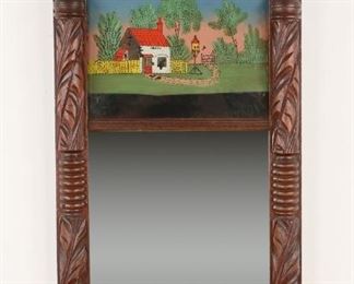        356	Sheraton Reverse Painted Mahogany Mirror	"Sheraton reverse painted mahogany mirror, 19th century.
Losses and cracks to top left hand corner crown.
26"" x 15 1/2""."