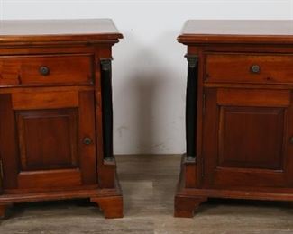        358	Pair of American Classical Style Nightstands	"Pair of American Classical style nightstands. American, 20th Century. Bracket feet, dovetailed drawers, ebonized Corinthian column supports. Wear and some scratches to top of nightstands.

24"" H x 20"" L x 15"" D"