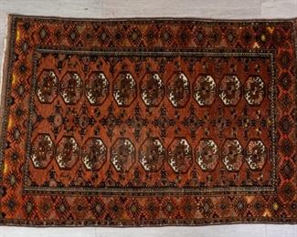        365	Bokhara Style Rug	Bokhara or Turkmen style rug. 5'8" x 3'9 1/2". No fringe, some spots of wear.