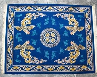        367	Room Size Chinese Rug	Chinese rug with floral medallion center motif, four cockatrices, shamrock motifs. Tagged with "6 12", two Chinese characters, and a pink inked lotus medallion. 7' 11" H x 10' 3 1/2" L