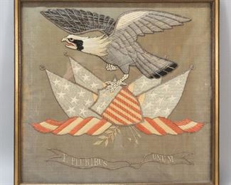        373	Embroidered Silk Panel American Eagle	"Embroidered silk panel of an American eagle, a Liberty shield, American flags, arrows, olive branches and inscribed “E. Pluribus Unum”.  

Framed 20 1/2” x 19 1/2""."