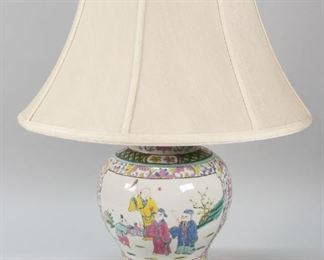        380	Chinese Ginger Jar Table Lamp	"Chinese ginger jar table lamp on brass base. 19th / early 20th c. 

Chip on rim of lid. 

23"" H x 6 1/2"" diameter."