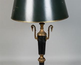        383	Mutual Sunset Lighting Company Neoclassical Lamp	"Mutual Sunset Lighting Company brass urn neoclassical lamp with glass shade and black paper shade. Marked on the underside ""MSLC 4562"". Wear to the black paint on the urn body.  Cracks to the paper lampshade.
28 1/4"" H from base to top of shade.

"
