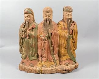        391	Fortune, Prosperity and Longevity Wooden Sculpture	"Wooden polychrome sculpture of Sanxing or deities, Fu Lu Shou representing Fortune, Prosperity and Longevity. 
Carved from a single piece of wood. 
Repair between the figures of Fu and Shou.
15 1/4"" H x 15"" W. Stamped Made in Thailand on the underside.
"