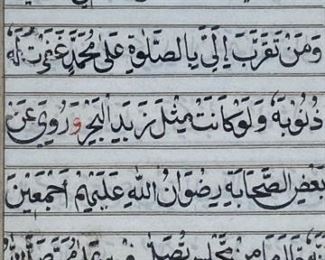        393	Dalail Al Khaurat Prayer Book Leaf	"A page from Dalail Al Khaurat, the standard Islamic prayer book. Handwritten Naskhi script. Circa 19th century. 
Sight: 8"" H x 5"" W.
Frame: 15 1/2"" H x 12 1/4"" W. 
Adhesive residue on the top portion of the page."