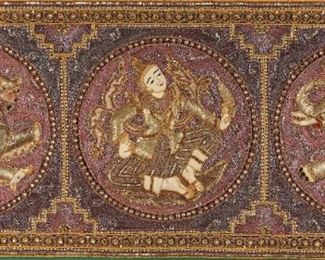        396	Burmese Kalaga Beaded Tapestry	"Burmese Kalaga beaded tapestry with a gryphon, thai dancer and elephant. Padded and textured, embroidered with stones, sequins and silk threading. 6 stones missing to the rectangular border, 2 stones missing to the beaded divisions between panels.
Tapestry: 20 1/2"" x 52 1/4"".
Frame: 27 3/4"" x 59 1/2""."