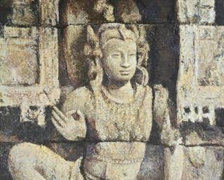        397	Indonesian Buddhist Statue Oil on Canvas	"Indonesian crowned Buddha statue in vakarta mudra oil on canvas. Signed lower right ""Sony Santosa 12"".
Sight: 54 1/4"" x 36 1/2"".
Frame: 57"" x 39"".
"