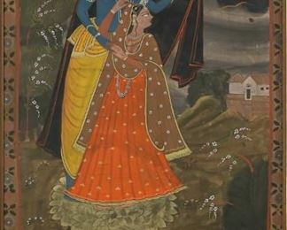        398	Indian Pichwai, Krishna and Radha	"Indian Pichwai painting natural dyes on fabric, Kishangarh School. Depicting Krishna and Radha in a landscape. Fabric mounted on board. Waviness to the fabric, wear to Krishna and Radha's faces. White paint to border, upper center. Chip to frame upper right and center right.
Sight: 57"" x 33"". 
Frame: 61"" x 37 1/2"".
"