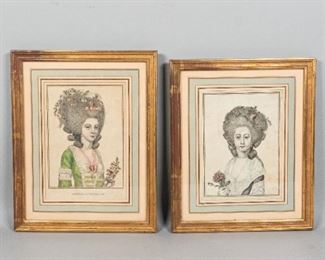        401	2 Rococo Fashion Engravings	"2 Rococo fashion engravings with aquatint. 1 print titled ""Coeffure A L'Esperance"". Toning to the paper.
Sight: 8"" x 5 3/4""
Frame: 12 1/2"" x 10""."