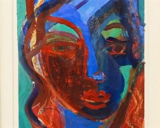        402	Neo Expressionist Acrylic on Board Portrait	Neo Expressionist acrylic on board portrait. In the style of Reiner Fetting. Monogrammed RO lower left. 12 3/4" x 9" (with frame: 26 1/4" x 22 1/2"). Crazing to the gilt wood frame. 2 cracks to inner frame, center left.