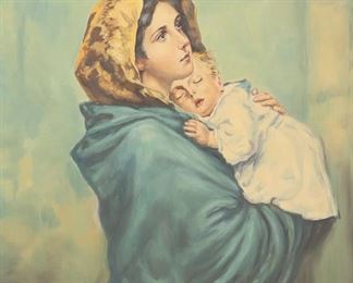        404	After Roberto Ferruzzi Madonnina Oil on Canvas	After Roberto Ferruzzi (Italy, 1853-1934). Oil on canvas mother and child, after Ferruzzi's Madonnina (Madonna of the Streets). Chips to frame, upper right and left. Unsigned. 23 1/2" x 19 1/2" (with frame: 30 1/4" x 26 1/4").