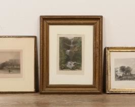        408	After William Henry Bartlett, 5 Scenic Engravings	"After William Henry Bartlett (British 1809-1854) 5 steel engravings, New York scenery. The Catterskill Falls (From Above the Ravine), The Catterskill Falls (From Below), The Palisades-Hudson River, Sabbath Day Point (Lake George), Washington's House (Mount Vernon). 3 prints are hand colored. Engravers: C.Cousen, E. Benjamin, H. Adlard and J.T Willmore. Washington's House marked lower center; London, Published by Geo. Virute, 26 Ivy Lane 1839. Geister & Zmich Chicago label on verso of 2 prints. 
The Caterskill Falls (From Below): 8 1/2"" x 6"" (with frame: 16"" x 13""). Waviness to upper center of 1 print. Wear to gilt on frames."