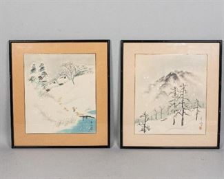        409	2 Japanese Watercolor Winter Landscapes	"2 Japanese watercolor winter landscapes. Both signed and stamped lower right. Sight: 10 1/2"" x 9 1/2""  Frame: 13 1/4"" x 15 1/2"".
"