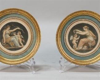        410	2 Allegorical Engravings	2 allegorical colored engravings. Possibly Venus, Cupid and Psyche. Donas Sculpt lower right . 3 1/4" diameter (with frame: 5 1/2" diameter). Loss to gilt frames.