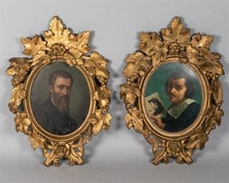        411	2 Oval Oil on Board Portraits	"2 oval oil on board portraits in gilt wood frames. 1 frame with no glass. Loss to lower left and right of both frames. 1 leaf loose upper right. Splitting to upper center of 1 frame. Loss to gilt.
Sight: 7"" diameter.
Frame: 17"" x 12"".
"