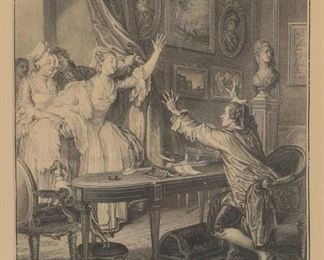        412	After Jean Michel Moreau the Younger Engraving	After Jean Michel Moreau the Younger (French, 1741-1841) engraving, C'est un Fils Monsieur! Engraver: Jeans Charles Baquoy (French, 1721-1777). Plate: 10 3/4" x 8 1/2". Page: 13 1/4" x 10". Frame: 17 3/4" x 14 1/4". Toning to paper.