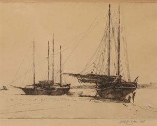       413	Leon Foster Jones Etching Beached Schooners	Leon Foster Jones (American, 1871-1940) Beached Schooners. The Art Center, Perkins Cove, Ogunquit, Maine label on verso. Signed and dated 1925 in pencil lower right. 8 3/4" x 13 1/4" (with frame: 17 1/4" x 23 1/4"). Toning to paper.