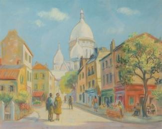        414	Pastel on Paper Street Scene	"Pastel, pencil on paper, street scene. Signed illegibly lower right. 15 1/2"" x 18 1/2"" (with frame: 23 3/4"" x 27""). 
Tear to backing on verso."