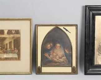        416	3 Pieces Religious Artwork	After Leonardo DaVinci The Last Supper print on fabric. After Carlo Maratta (Italian, 1625-1661) The Holy Night  engraving. Printed by Roberto Hoesch. Retailed by  David Ashley Inc. NYC. White metal relief plaque of Jesus Christ. Plaque: 11 3/4" x 9 1/4" (with frame: 17 3/4 x 14").
