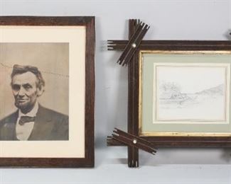        418	Hudson River Drawing &  Abraham Lincoln Print	"Abraham Lincoln print. Smithsonian Institution label on verso. Attributed to Thomas Worth (American,1834-1917) A Scene on The Hudson pencil drawing. Signed in pencil lower right T. Worth in folk art style wood frame.
Abraham Lincoln print: 9 1/2"" x 8"" (with frame: 14 1/2"" x 13""). Minor scratches to wood frame of Lincoln print."