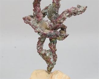        424	Bronze Brutalist Sculpture	"Bronze brutalist sculpture, patinated organic bronze form mounted on stone. 
10 3/8"" H. Unsigned."