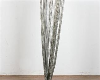        428	Ron Schmidt Metal Sculpture	"Ron Schmidt (American, 20th Century) metal sculpture in the style of Harry Bertoia on a wooden base. Paper label on the underside of the base. 
6"" x 5"" x 37 14"" H.
"