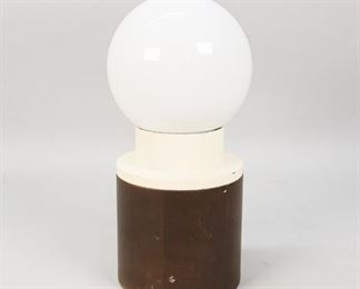        430	Mid Century Modern Table Lamp	Wood base, globe shade. In working condition. 12" H x 5 3/8" base diameter. Wear to wood base.