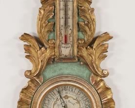        435	18th Century French Barometer & Thermometer	18th century French gilt wood mercury barometer and thermometer. Dial with three hands. Dated 1760 on the face. 38 1/4" H x 11" W. Repair to the mercury tube and panel. Loss to gilt along the decorative flourishes; to top, left and right sides.