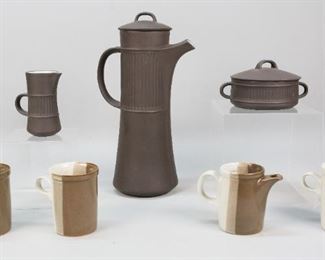        436	7 Pieces Mid Century Modern Pottery	"7 pieces mid 20th century pottery. Dansk Denmark IHQ flamestone brown coffee pot, creamer and sugar. Mikasa Japan Studio glazed teapot and 3 cups.
Coffee pot: 13 1/2"" H."