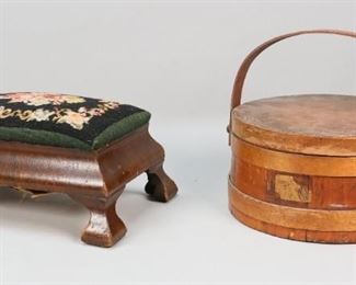        448	Upholstered Footstool & Handled Wood Lunch Box	"Mahogany upholstered footstool with floral needlepoint cushion. Wood paneled lunch box with handle, partial label to the front. Footstool: 15 1/2""L x 10"" W x 7 1/4"" H.  Wear to varnish on all feet, chips to wood along corners and all feet. Center of lid detached from rim. Scuffs throughout, chips to the lid. 
"