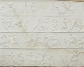        450	Parthenon Plaster Relief Panel	"Parthenon plaster cast. Inscription in Italian lower right and left. Warriors fighting centaurs, likely of the south metopes, the fight of Centaurs and Lapiths. Circa 19th century. 10 1/2"" x 23 1/4"" (with frame: 14 1/4"" x 29""). 
Crack lower right, water damage present, skewed in frame, line to center, line upper right, line upper left, line center left. 
"